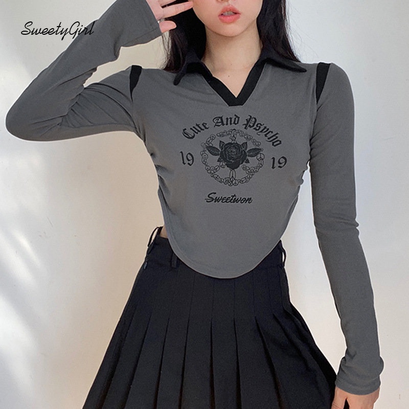 Áo Thun Tay Dài Cổ Chữ V In Chữ Phối Màu Tương Phản Thời Trang 2022 Cho Nữ