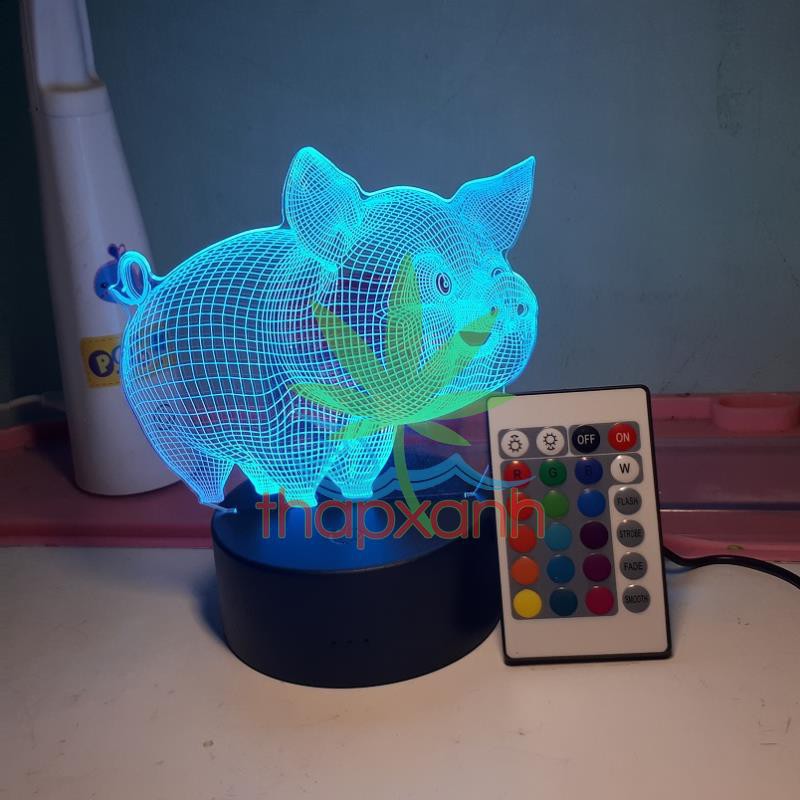 Đèn ngủ, Đèn trang trí Led 3D, Đèn ngủ 16 màu mini có điều khiển Con Lợn