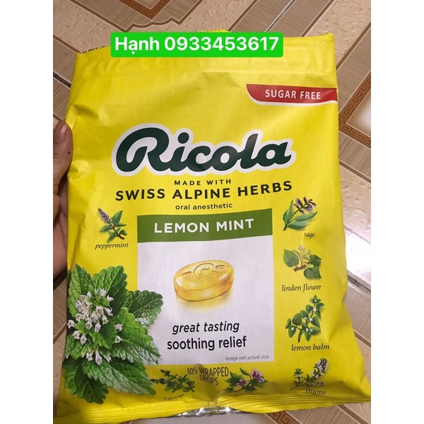 KẸO NGẬM RICOLA 105 viên không đường của Mỹ (cam kết chính hãng có bill)