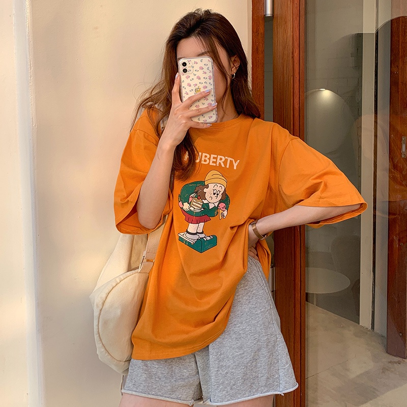 Áo Thun Tay Ngắn Cổ Tròn In Họa Tiết Hoạt Hình Phong Cách Hàn Quốc