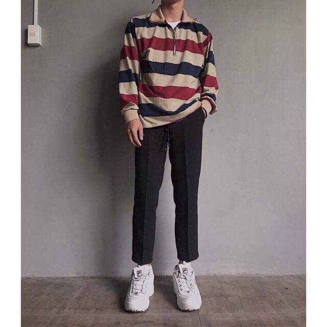 Áo sweater sọc đỏ xanh