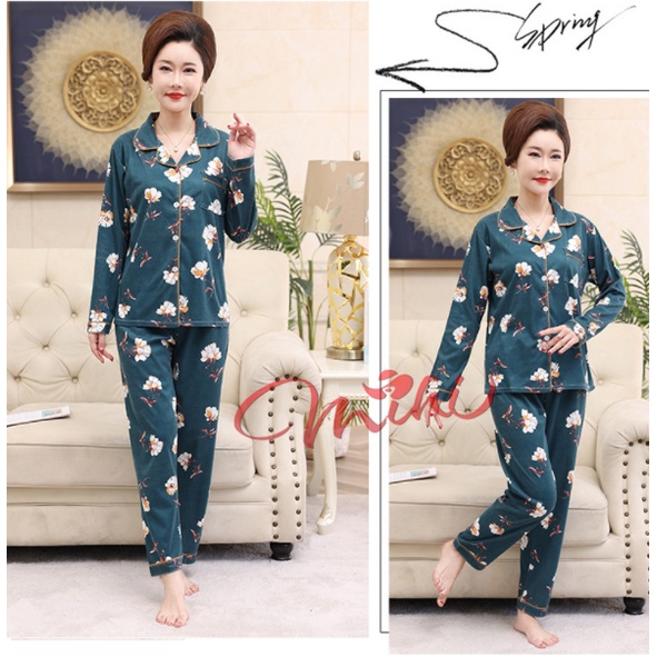 Pijama trung niên nữ dài tay B92 - Bộ đồ ngủ mặc nhà thu đông cho mẹ - Thời trang cho người lớn tuổi đẹp cao cấp Bigsize