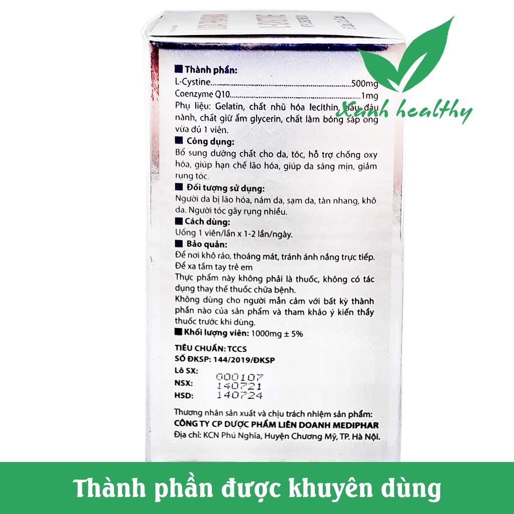 Viên uống L-Cystine Chính Hãng Giúp đẹp da, sáng mịn da, chống lão hóa, giảm rụng tóc - Hộp 60 viên
