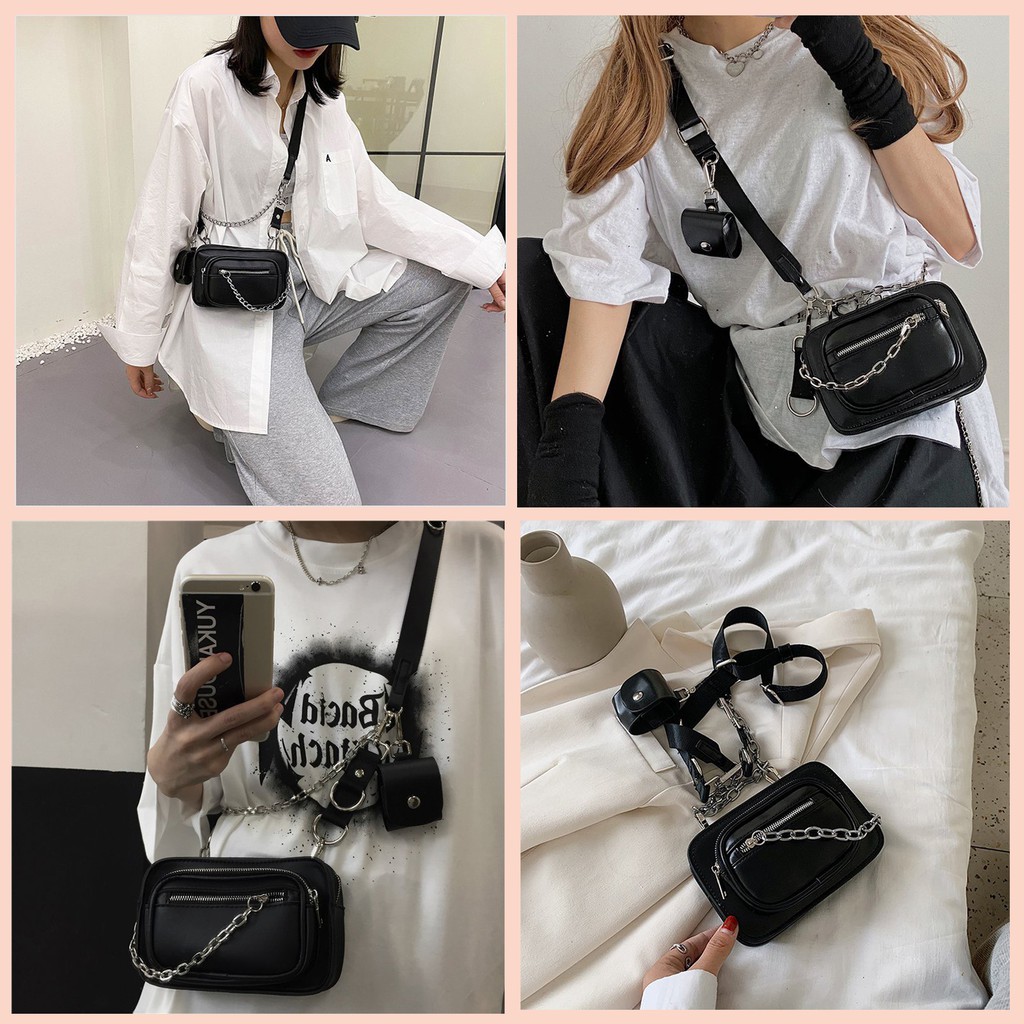 Túi Da Đen Dây Xích Tặng Kèm Túi Nhỏ Siêu Xinh