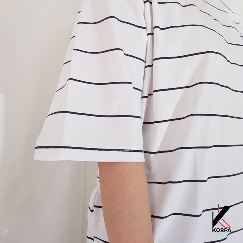 [ Ảnh Thật ] Áo thun tay lỡ form rộng sọc thêu Three words Eight Letter - Unisex nam nữ đều mặc được