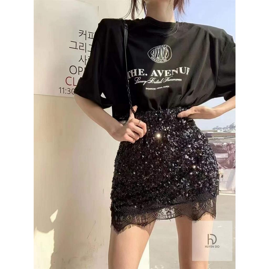 Set áo phông mix chân váy kim sa viền ren BN611