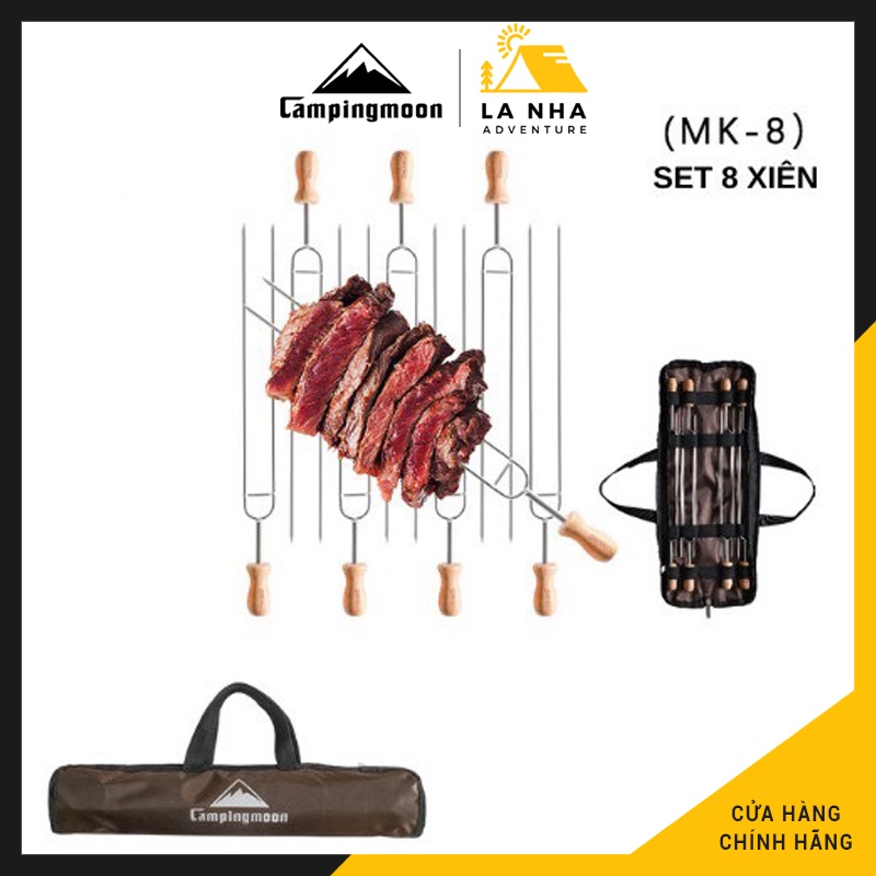 Set 8 cây Xiên thịt nướng BBQ Campingmoon MK-8 Là Nhà Chính hãng - inox 304, tay cầm gỗ, kèm túi đựng