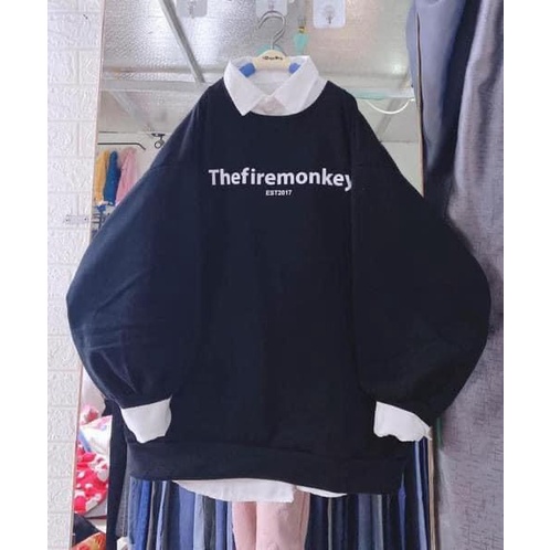 Áo Sweater In Chữ The Monkey Áo Sweater Tay Bồng Chất Nỉ Ngoại Dày Dặn Form Rộng Freesize Unisex Ảnh Thật