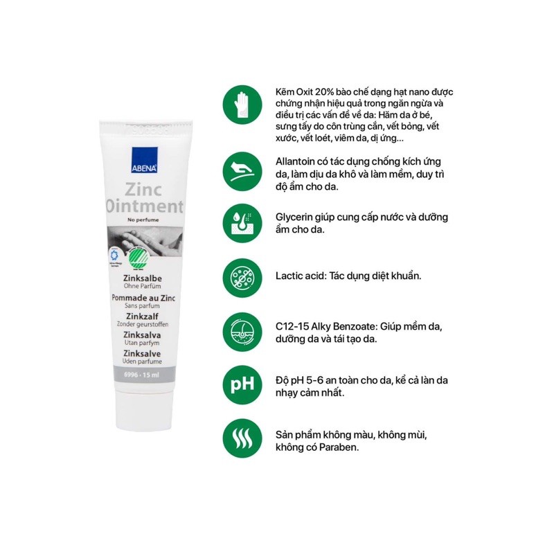 Abena Zinc Ointment 15ml - Kem bôi đa năng, chống hăm tã, dịu da, mau lành vết thương, bỏng da, cháy nắng, vảy nến