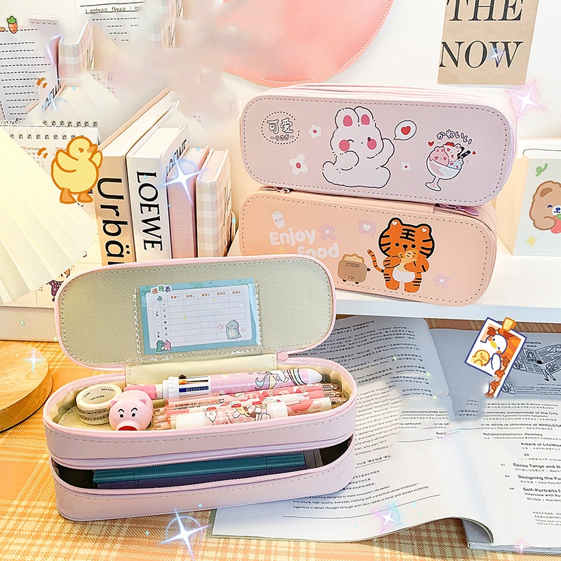 Túi Đựng Bút Chì Hai Ngăn Chống Thấm Nước Chống Bẩn Họa Tiết Hoạt Hình Dễ Thương Dành Cho Học Sinh