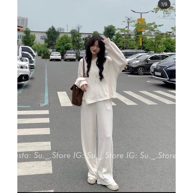 SET BỘ LEN GÂN ÁO HOODIE DÀI TAY CÓ MŨ MIX QUẦN SUÔNG CULOTTES SBLAMQ