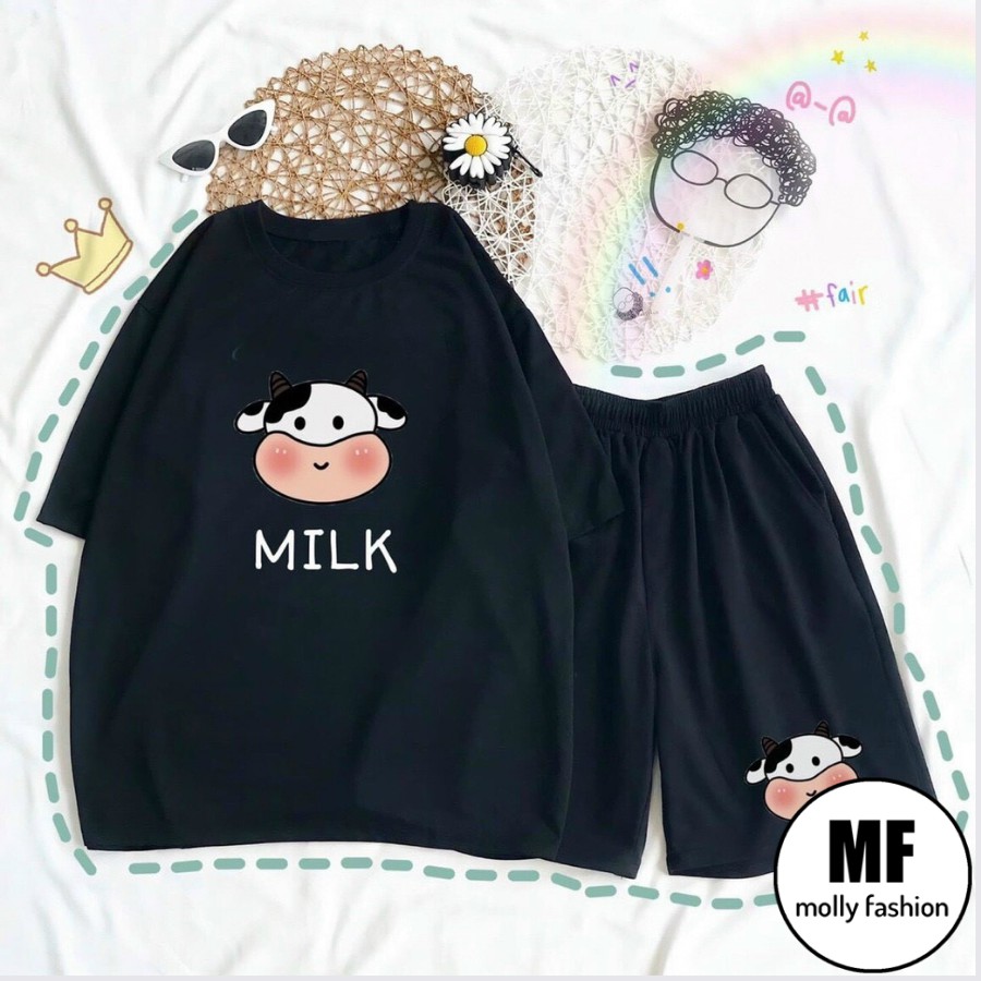 Đồ bộ hoạt hình ❤️ Bộ mặc nhà form rộng Unisex BÒ SỮA QUẦN ĐEN Freesize dành cho nam nữ Molly Fashion