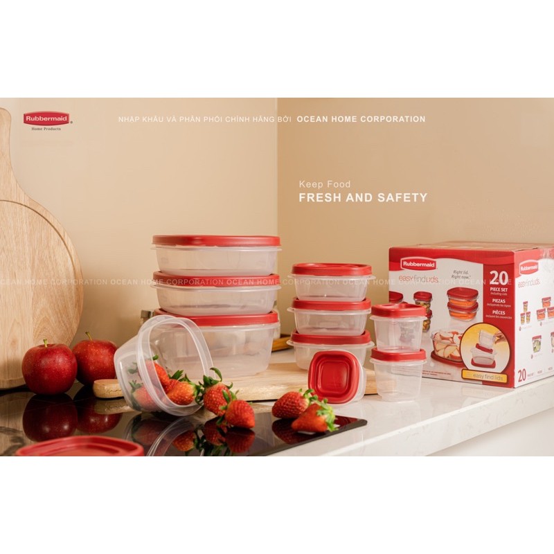 Bộ 10 hộp đựng thực phẩm RUBBERMAID CHÍNH HÃNG có nắp màu đỏ bằng nhựa PP cao cấp | BigBuy360 - bigbuy360.vn