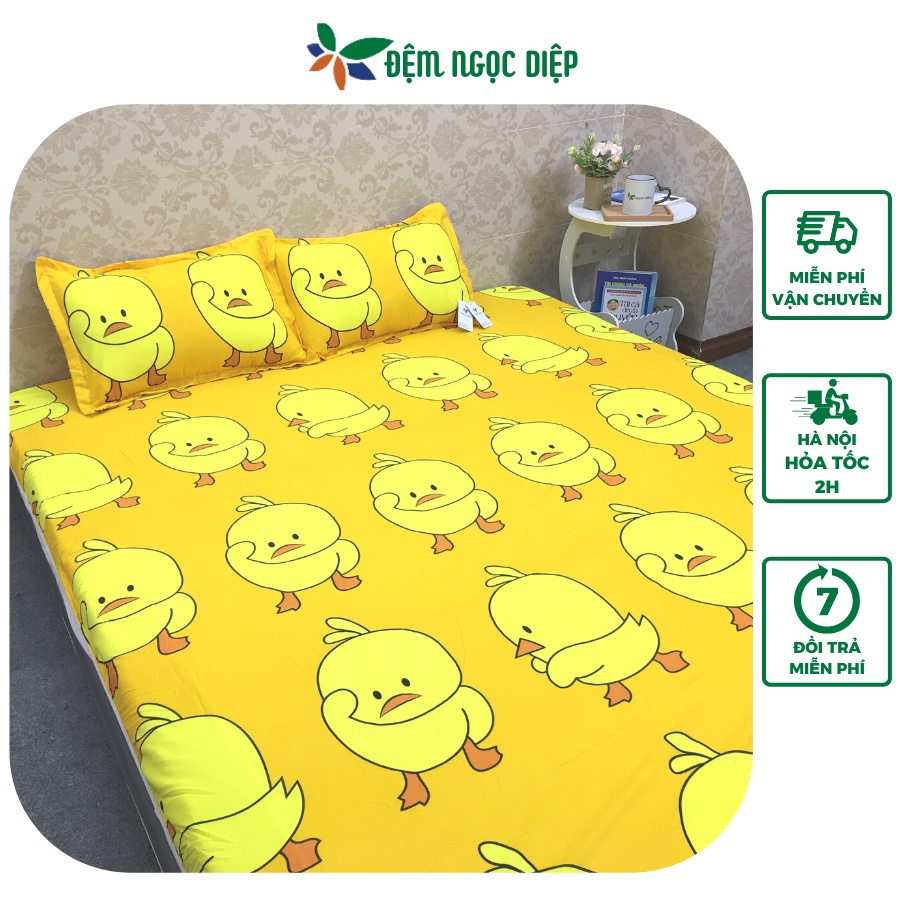Ga chun bọc đệm kèm 2 vỏ gối poly cotton mẫu gà vàng, drap thun bọc nệm