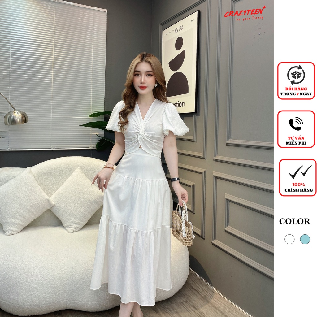 Set đồ nữ 2 món CRAZYTEEN áo tay bồng cổ v xoắn ngực chân váy maxi dài dáng tấng S1307