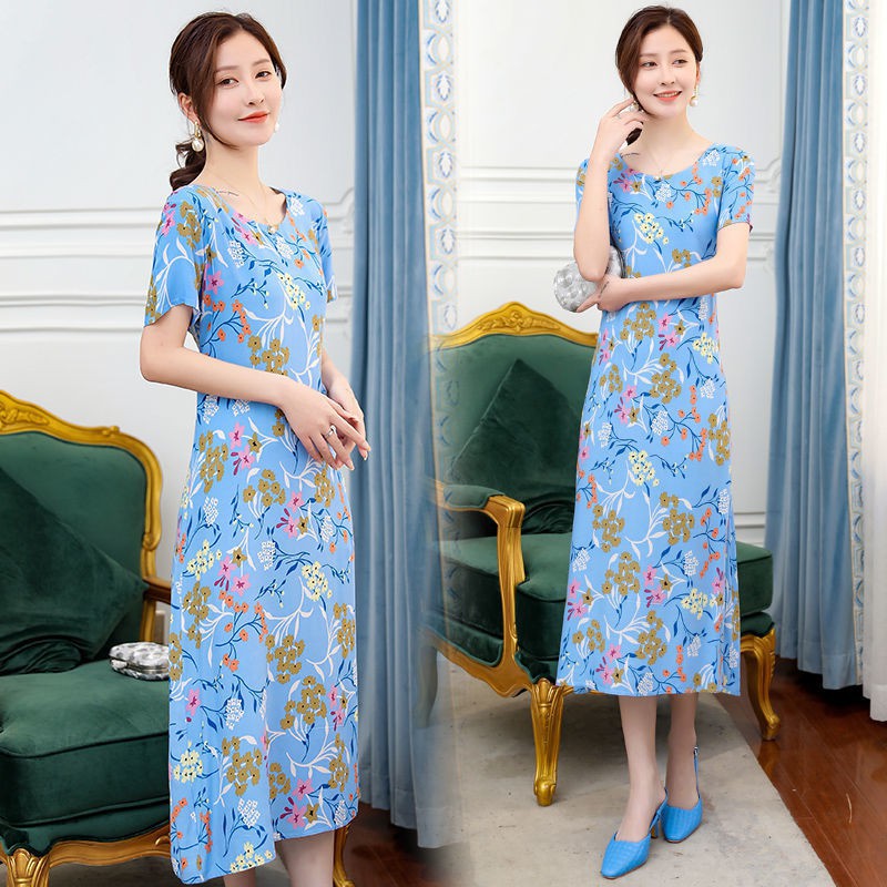 BE✲✁Thời trang trung niênĐầm dạ hội nữ niên và phụ 40 tuổi 50 mẹ ngủ mặc nhà cotton lụa hoa rời
