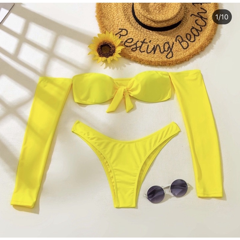 [BKN1093] &lt;ÂU&gt; SET BIKINI VÀNG NƠ NGỰC DÀI TAY