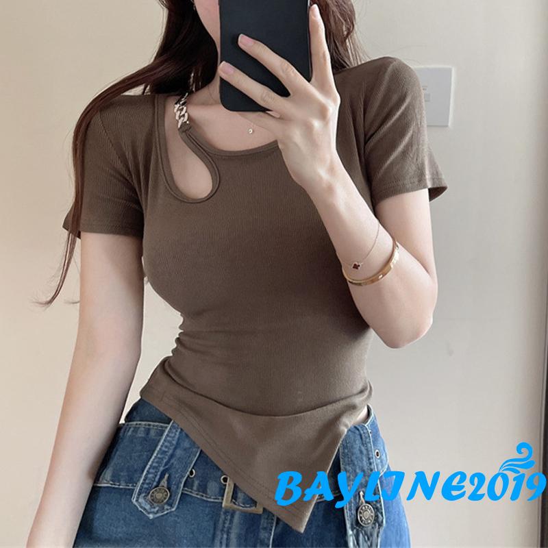 Áo Thun Tay Ngắn Phối Dây Xích Kim Loại Một Kích Thước Cho Nữ