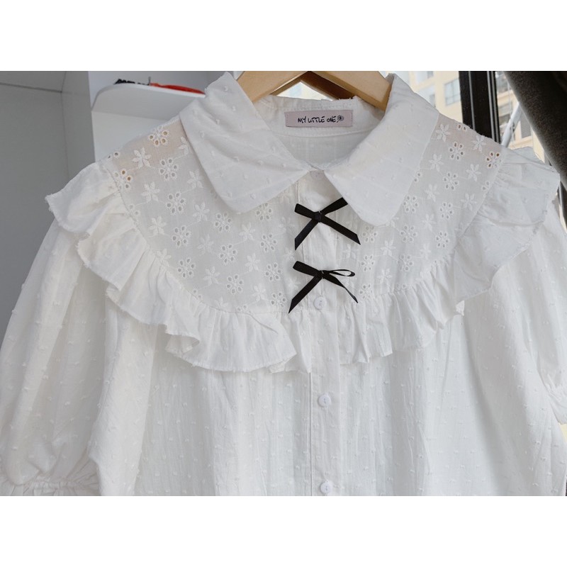 Áo sơ mi kiểu trắng tiểu thư cộc tay đính nơ  - Áo sơ mi trắng viền bèo Zuca Shop | BigBuy360 - bigbuy360.vn