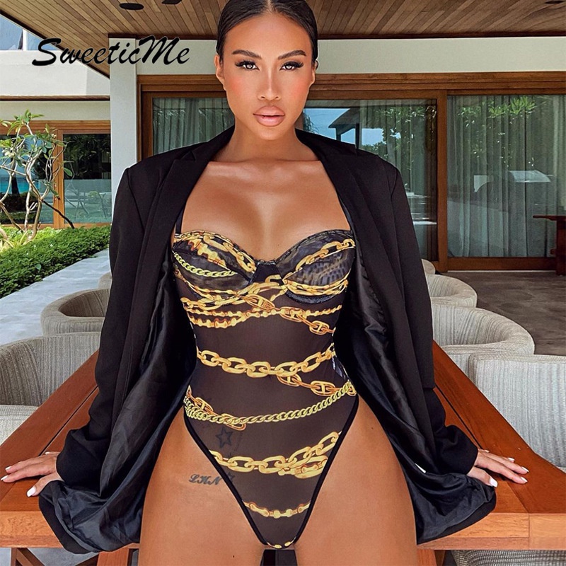Bodysuit Họa Tiết In Kiểu Dáng Mới, Cổ Chữ V Quyến Rũ Dành Cho Nữ