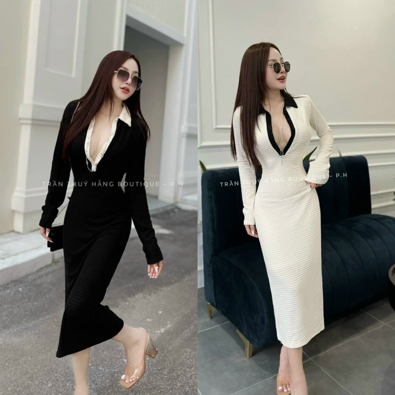 Đầm  Maxi Body Xốp Cổ Polo Tay Dài Núc Cài  Phối Viền