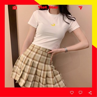 Áo croptop body ôm tay ngắn cổ tròn thêu Mặt Trăng, 2 màu đen/trắng