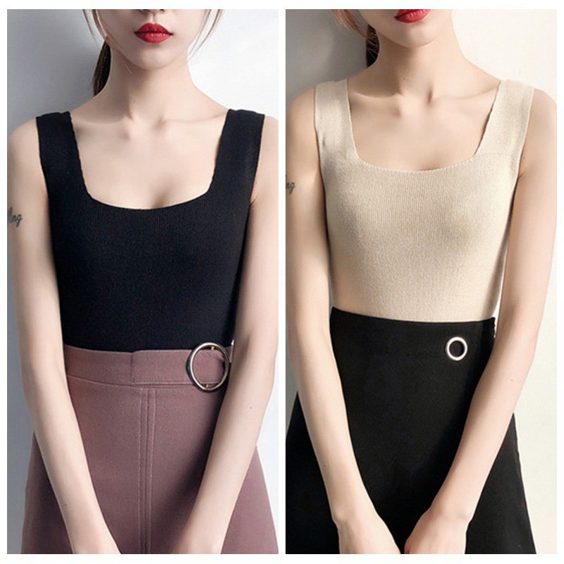 Áo sát nách dệt kim cổ chữ U không tay màu trơn dành cho nữ | BigBuy360 - bigbuy360.vn