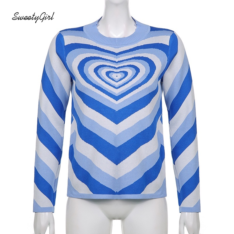 Áo Sweater Dệt Kim Tay Dài Cổ Tròn Màu Sắc Tương Phản In Họa Tiết Trái Tim Xinh Xắn Cho Nữ