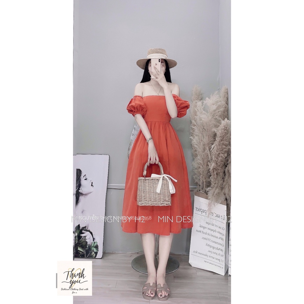 Đầm nữ công chúa dự tiệc, đầm trễ vai cúp ngực tay búp dáng xoè dài, đầm tay phồng đi chơi, đi biển bánh bèo, xinh xắn