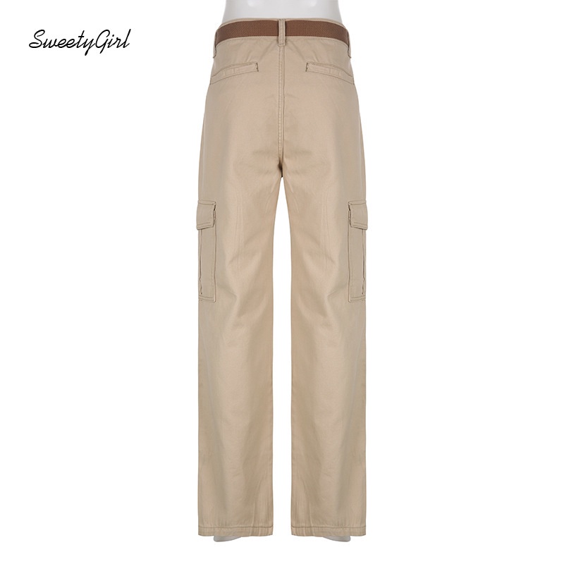 Quần Kaki Lưng Thấp Dáng Rộng Màu Trơn Có Túi Cài Nút Thời Trang 2022 Cho Nữ