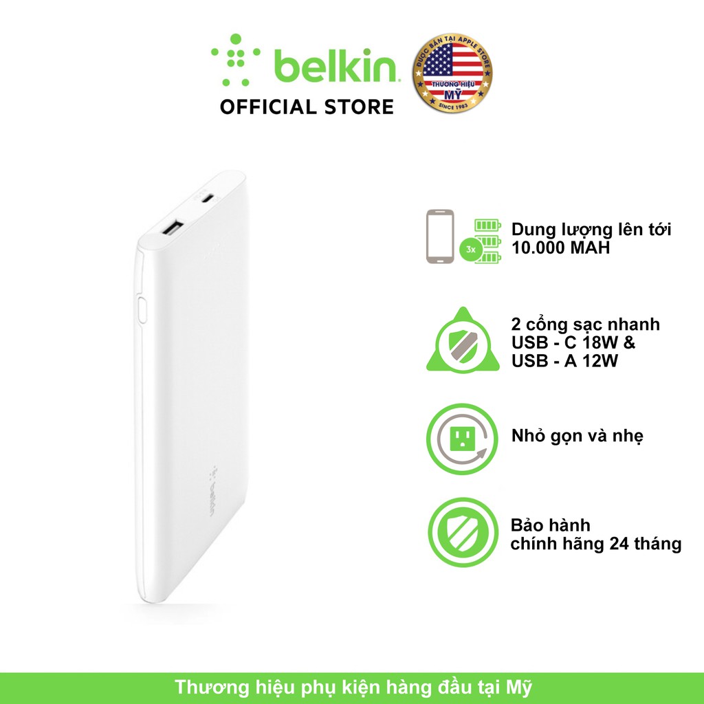 Pin sạc dự phòng Polymer Pocket Power 10,000 mAh, Sạc nhanh 18w PD, cáp đi kèm A-C Belkin, hàng chính hãng - BPB001bt