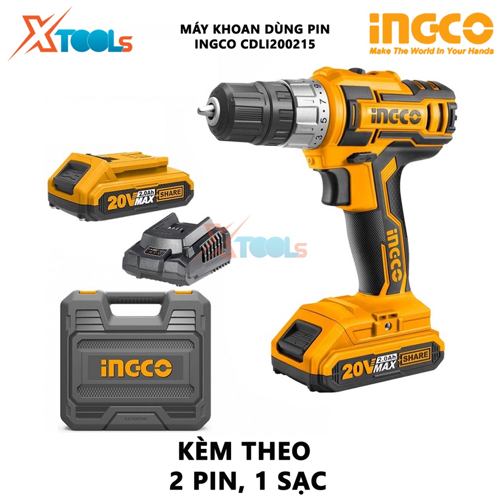 Máy khoan pin cầm tay 20V 10mm Ingco CDLI200215 hai tốc độ 400-1500rpm, lực mô men 45nm nhông cơ khí  2 tốc độ, kèm 2 pi
