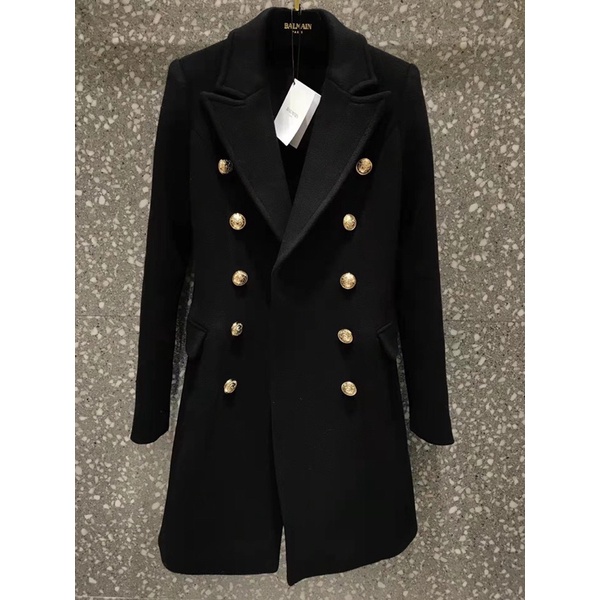 Áo khoác dạ nữ dáng dài cổ vest hai hàng khuy ánh kim thương hiệu Balmain cao cấp