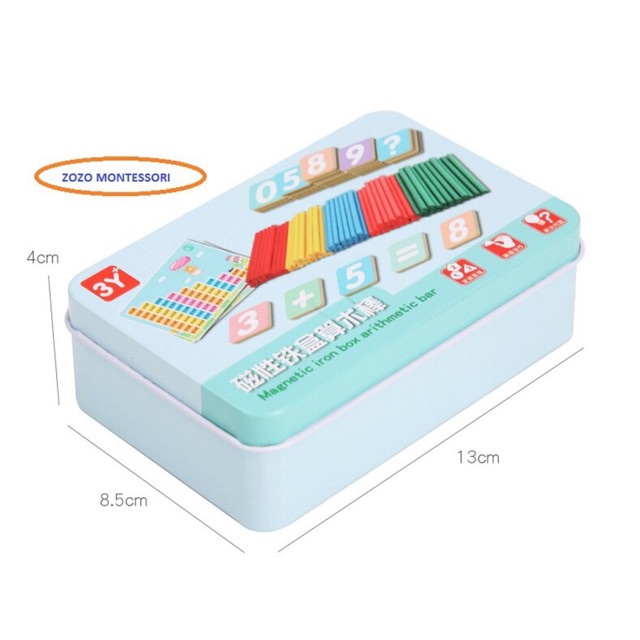 Bộ que tính gỗ thông số và chữ số - bộ học toán bằng que tính hộp sắt.