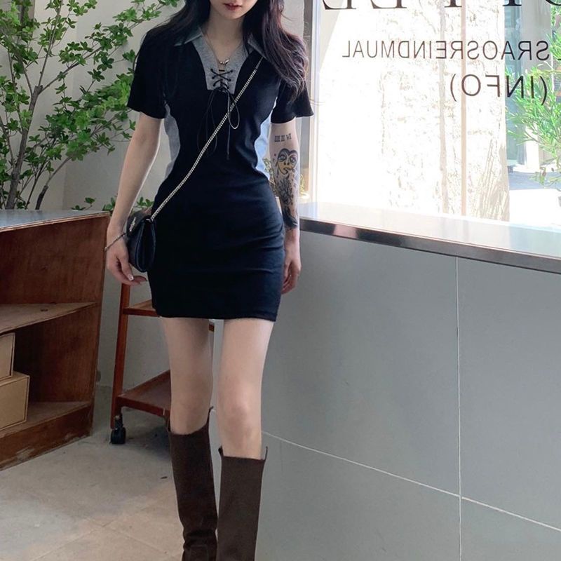 Đầm Ngắn Ôm Eo Cao Màu Đen Có Cổ Thời Trang Mùa Hè Dành Cho Nữ