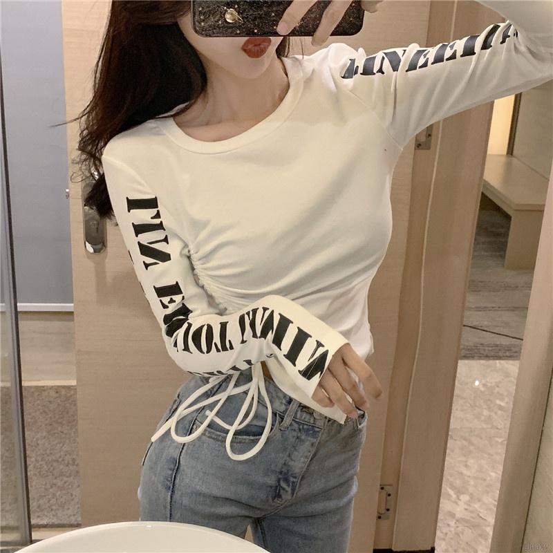 Áo Thun Tay Dài Ôm Dáng Rút Dây In Chữ Phong Cách Hàn Quốc Cho Nữ