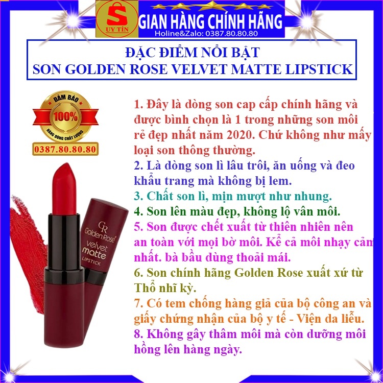 Son môi son lì không trôi khi ăn uống xịn chính hãng Golden Rose dạng thỏi lâu trôi siêu lì màu đỏ hồng cam cháy nâu đất