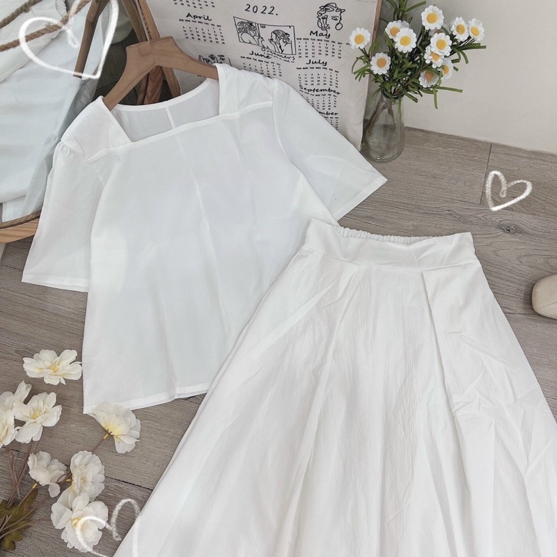 Set áo tay lửng + chân váy midi xoè lưng thun