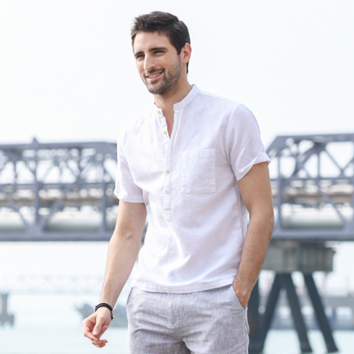 Áo nam cổ tầu linen mềm mát thích hợp mùa hè, thời trang phong cách trẻ