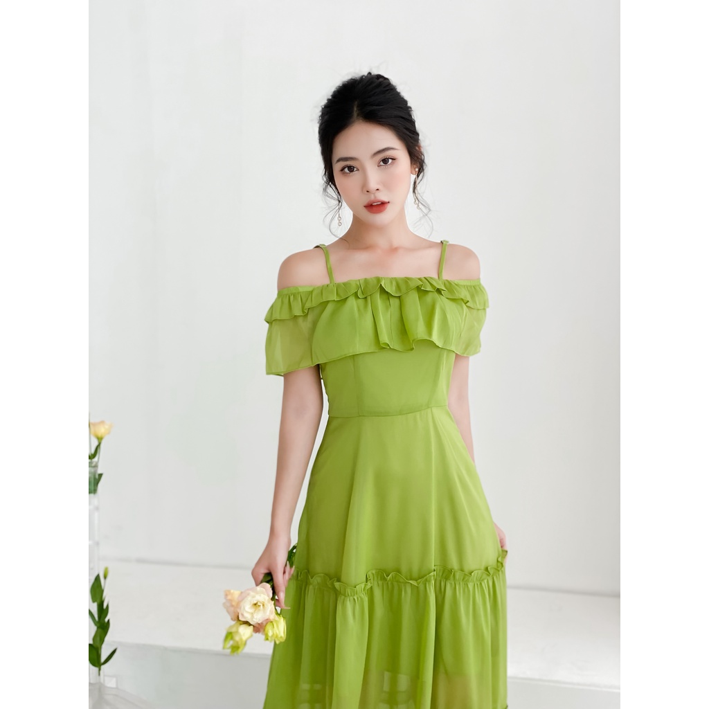 Váy trễ vai dáng dài màu xanh chất tơ óng cao cấp YAME