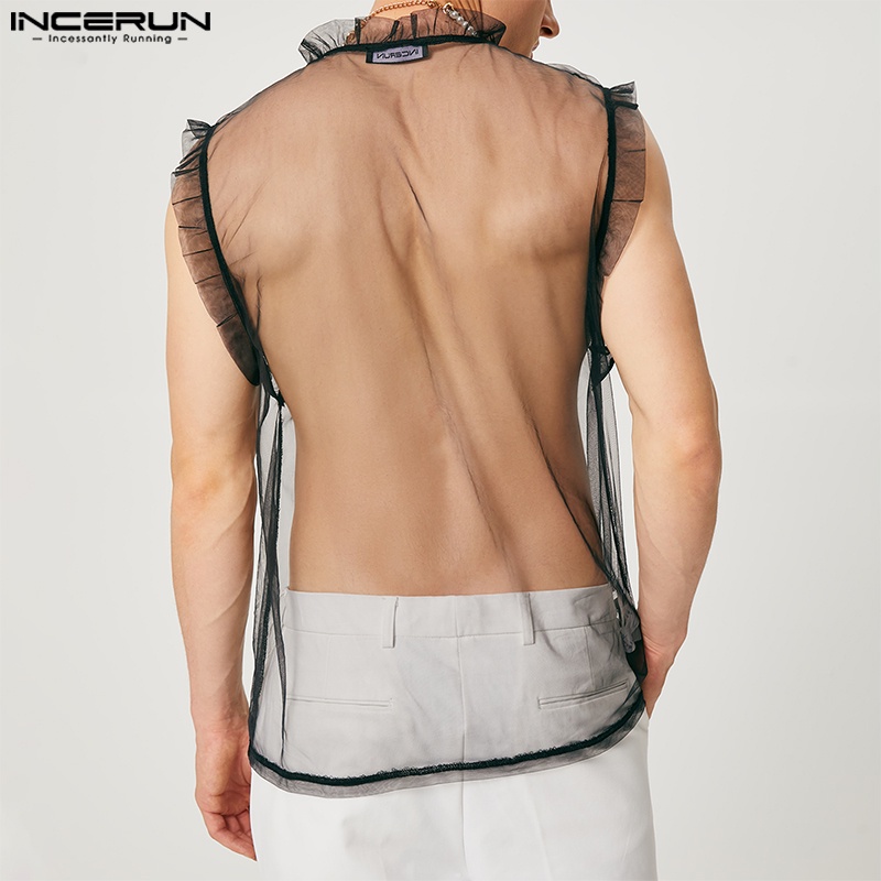 INCERUN Áo Tank Top Lưới Xuyên Thấu Hình Trái Tim Phong Cách Hippie Thời Trang Mùa Hè Cho Nam