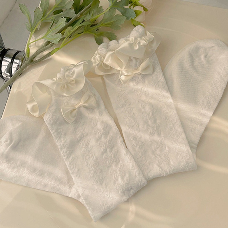 Xiangbao Vớ Cotton Dài Qua Gối Phối Bèo Và Nơ Ngọt Ngào Phù Hợp Với Tiệc Tùng