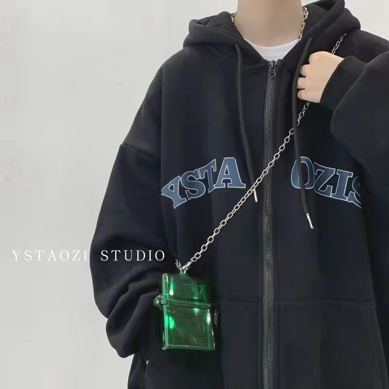 Áo khoác hoodie dáng rộng phối khóa kéo in họa tiết cá tính dễ phối đồ tùy chọn màu sắc cho nam