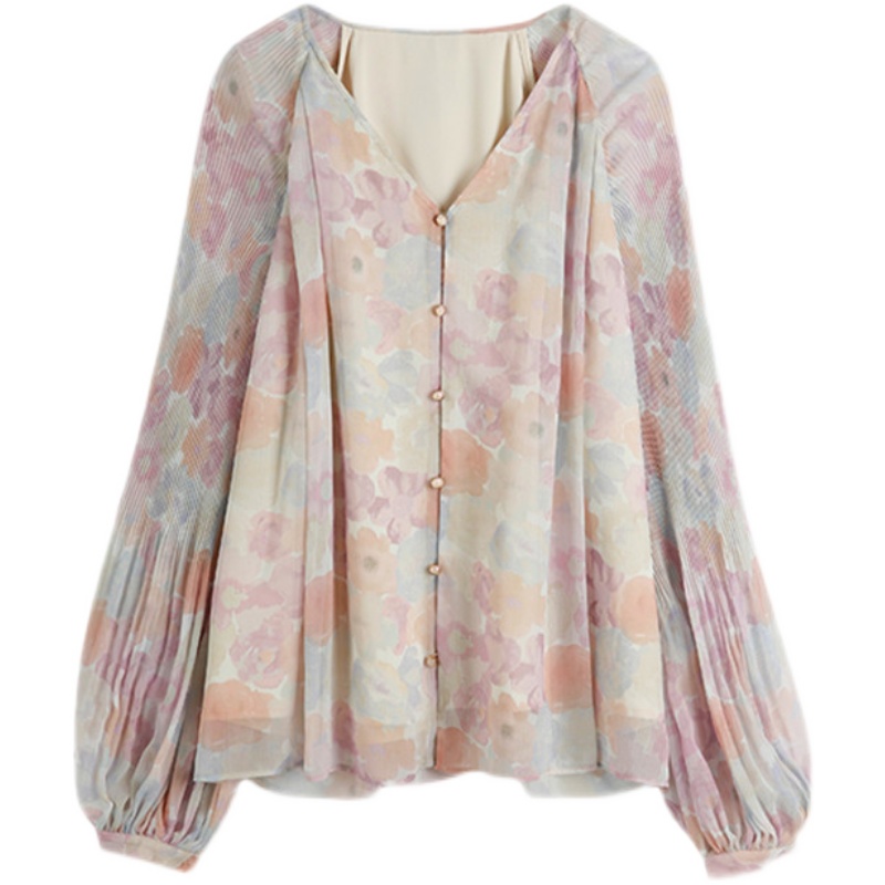 Áo Sơ Mi Voan Tay Dài Phồng Cổ Chữ V Phong Cách Hàn Quốc Cho Nữ