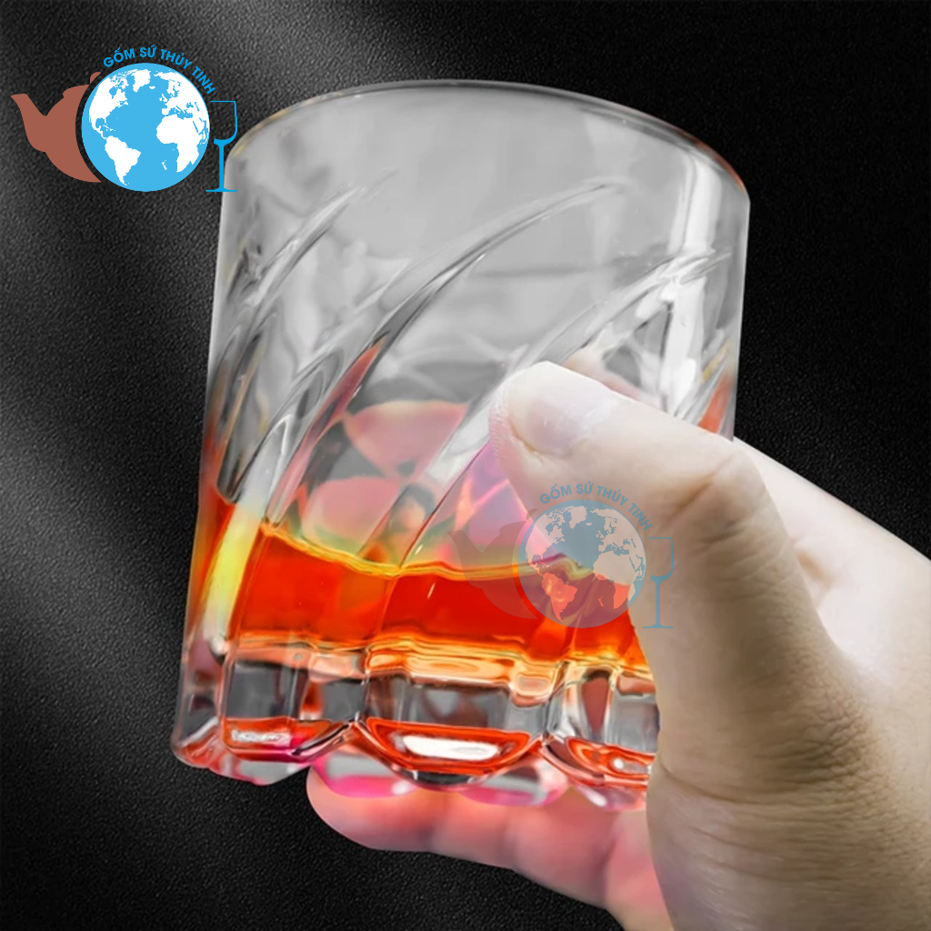 Ly thủy tinh ụ xoay lớn 280ML  logo uống WHISKY , cốc tròn xoay thủy tinh Deli KB054A cao cấp