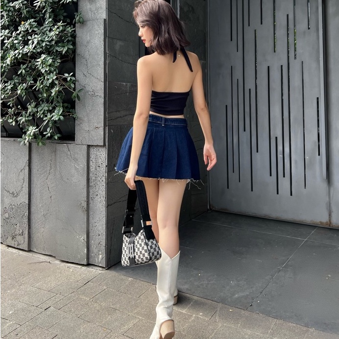 Chân váy jeans nữ dáng xòe TOPTIFY kiểu xếp ly lộ túi Darla Mini Skirts TVJ07
