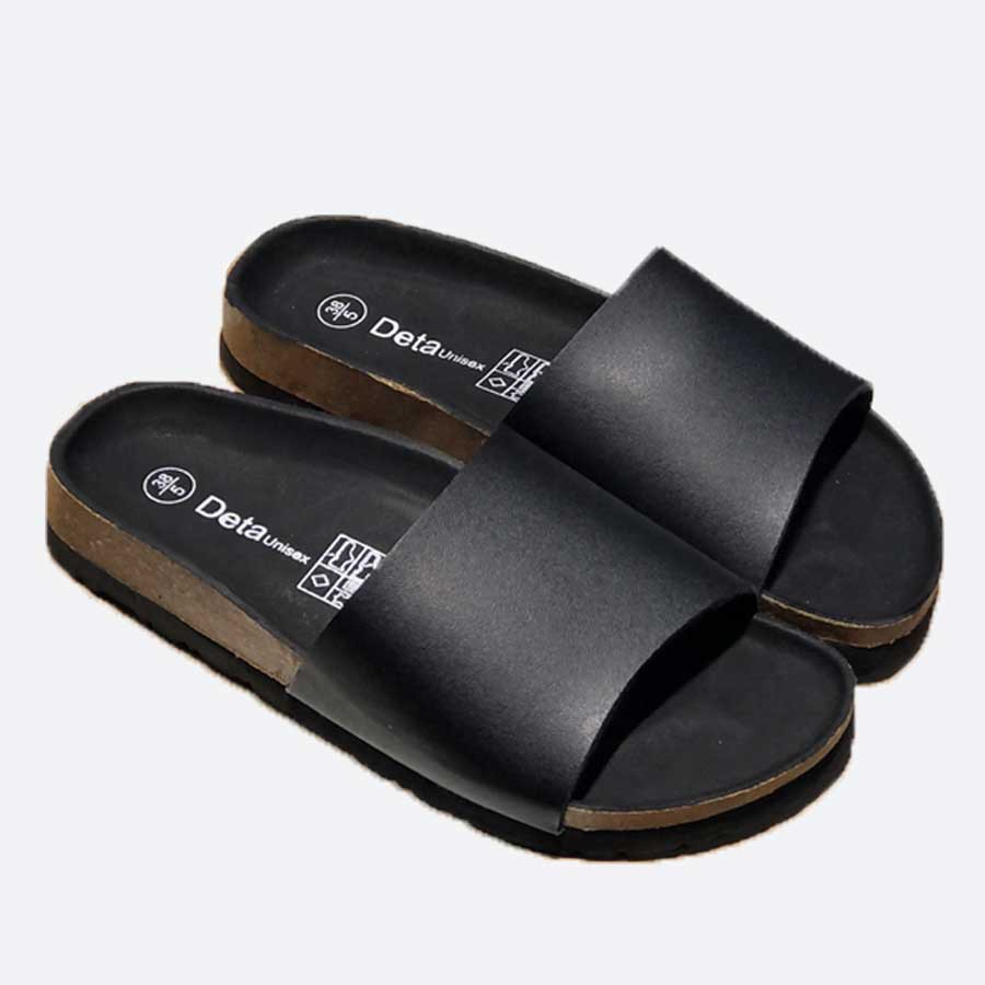 Dép Birken đế trấu nam nữ quai bảng ngang DETAUNISEX màu đen lót đen - DETA12F