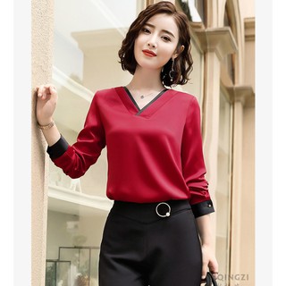 Áo Kiểu Cổ V Phối Viền Màu Cao Cấp EVA (M,L) - N547 - (Trắng, đỏ )