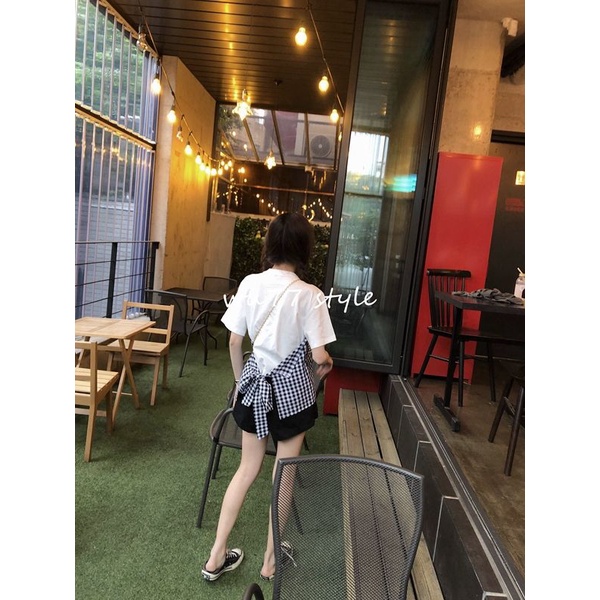 Áo Thun Tay Ngắn Giả Hai Lớp Form Rộng Họa Tiết Sọc Caro Phong Cách Hàn Quốc Thời Trang