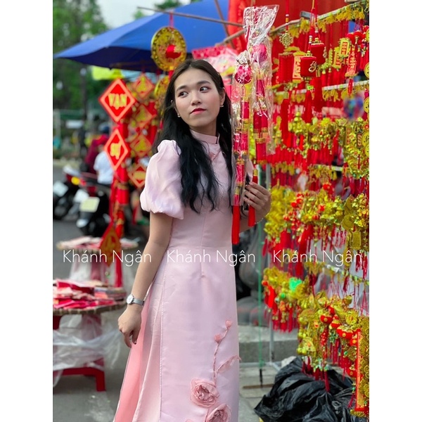 Áo dài cách tân tay bồng hoa đính kết sang trọng nhẹ nhàng chất liệu tafta